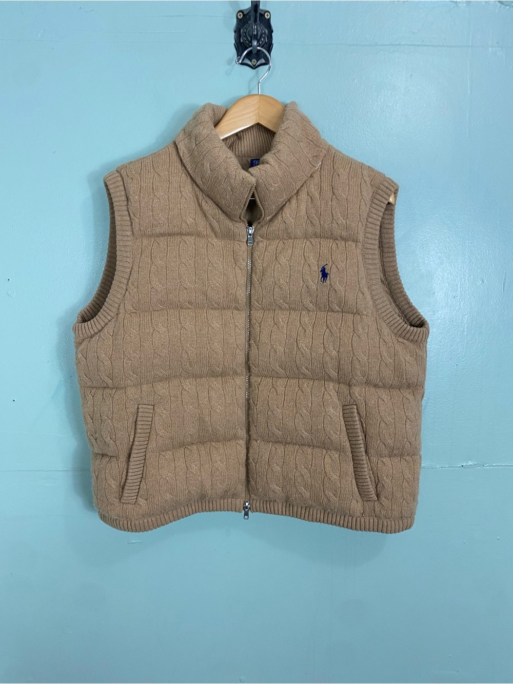 Polo Ralph Lauren Wool Cashmere Cable Knit Quilted Vest Camel Melange XL Puffer
